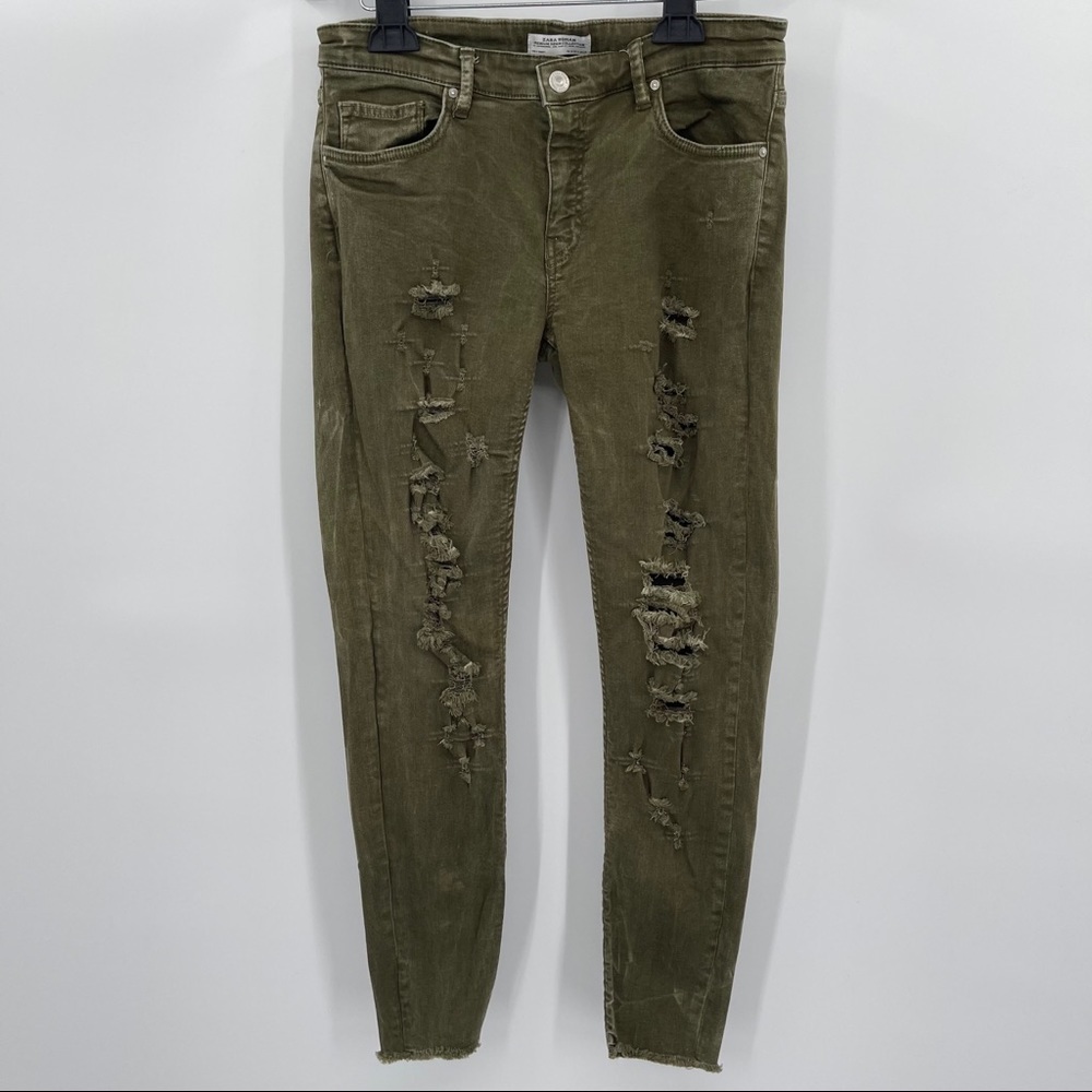 Zara Distressed Raw Hem Olive Skinny Jeans​